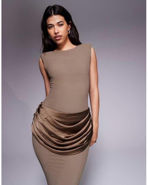 Wanderdoll Gray Wander Doll Eman Shoulder Pad Detail Sleeveless Slash Neck Satin Drape Waist Detail Bodycon Maxi Dress