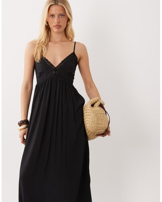Brave Soul Black Strappy Maxi Dress With Lace Trim