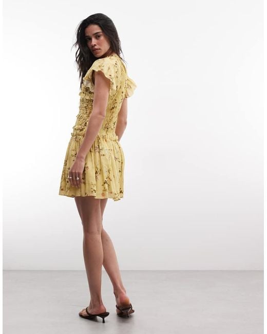 AllSaints Yellow Lauren Sleeveless Ruched Ruffle Floral Mini Dress