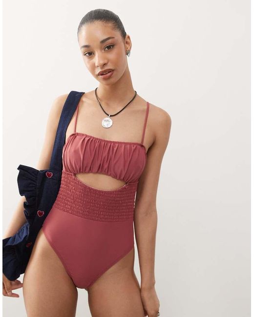 Reclaimed (vintage) Pink Swimsuit With Shirred Waist And Cut Out Detail