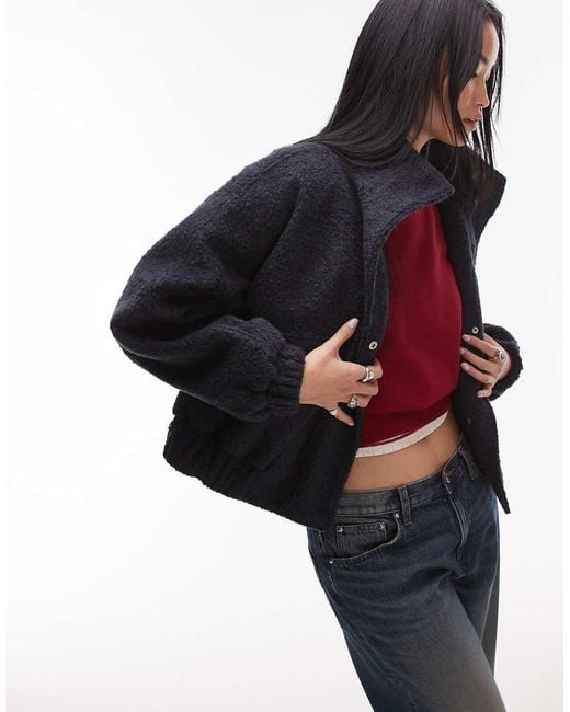 TOPSHOP Black Formal Funnel Neck Boucle Bomber Style Coat