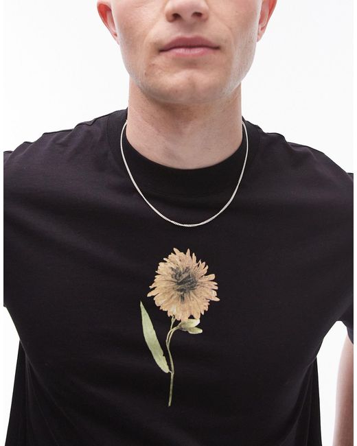Topman Black Oversized Fit T-shirt With Pressed Floral Chest Print for men