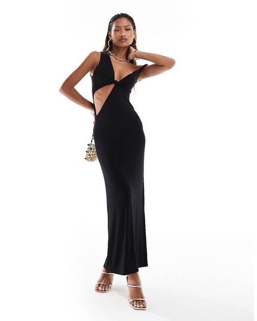 Vestido Midi Con Abertura, Hombro Caído Y Detalle Anudado En El Tirante De ASOS de color Black