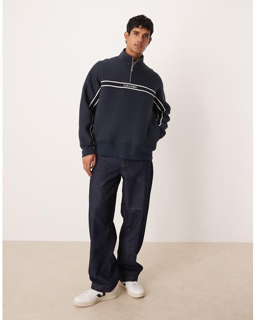 Calvin Klein Blue Central Block Stripe Quarter Zip Sweatshirt for men