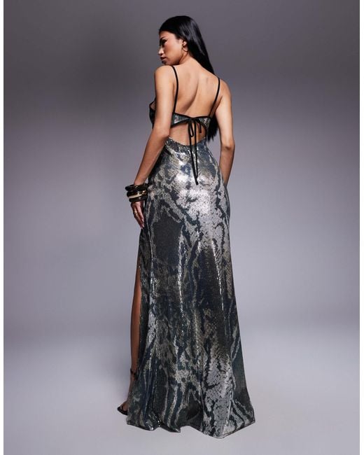 ASOS Gray Printed Sequin Maxi Dress With Split