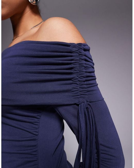 ASOS Blue Soft Handle Off Shoulder Ruched Long Sleeve Top