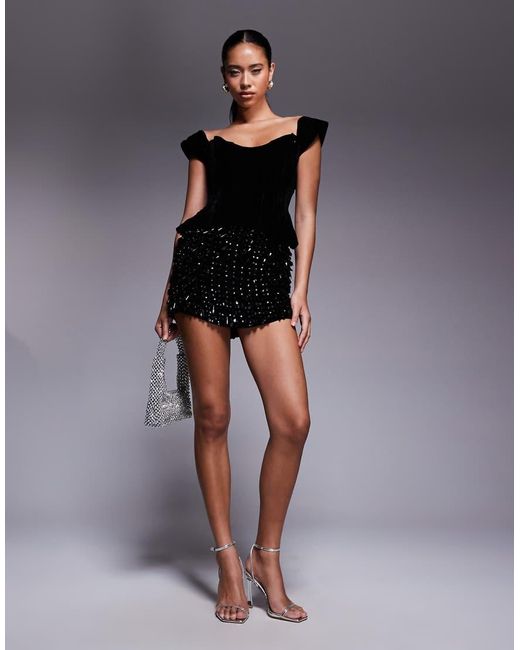 ASOS Black Velvet Corset Fallen Shoulder Mini Dress With Embellished Skirt