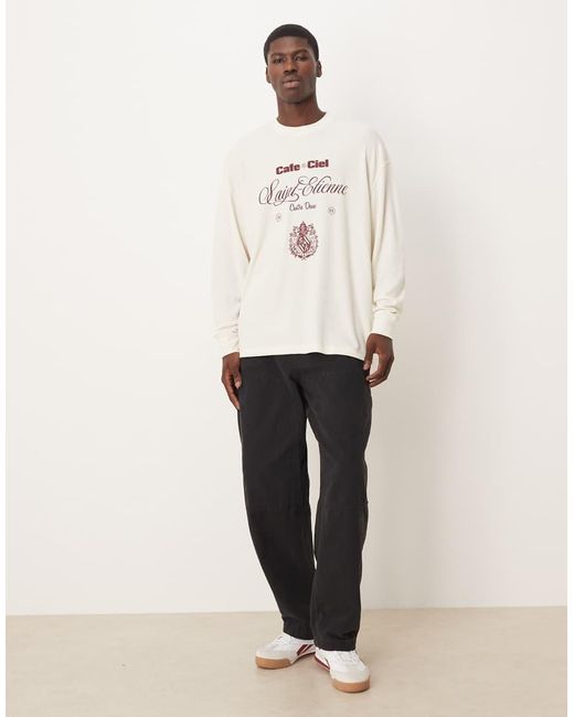 ASOS Oversized T-Shirt Van Zware Stof Met Lange Mouwen, Tekstprint En Wafelstructuur in het Natural voor heren