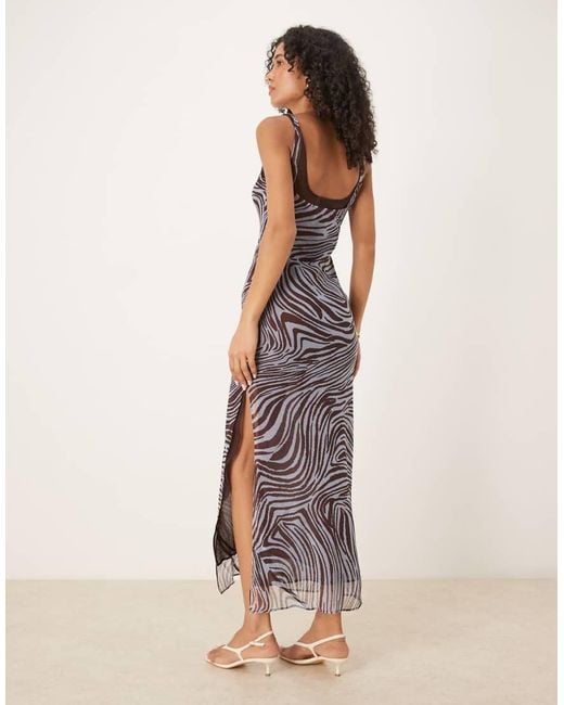 Vestito Sottoveste Midi A Doppio Strato Blu Pallido E Color Cioccolato Con Stampa Zebrata E Scollo Rotondo di ASOS in Natural