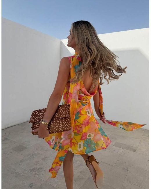 Never Fully Dressed Orange Sophie Chiffon Cowl Scarf Detail Mini Dress