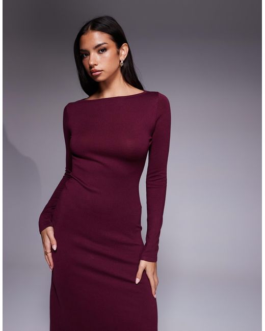 Kaiia Purple Exclusive Knit Slash Neck Long Sleeve Maxi Dress
