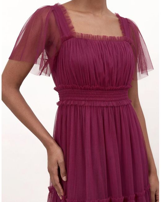 ANAYA Pink Square Neck Short Sleeve Tulle Midaxi Dress