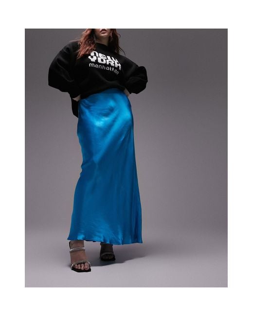 TOPSHOP Blue Curve Satin Bias Midi Skirt