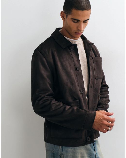 Threadbare Blue Faux Suede Button Up Collared Jacket for men