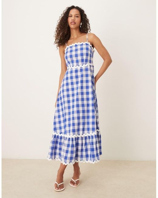 Vestido Midi A Cuadros Azules Y Blancos Con Ribetes Festoneados De Y.A.S de color Blue