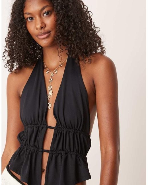 ASOS White Polyamide Ruched Waist Detail Halter Top