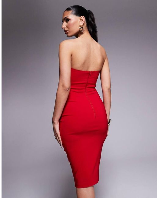 Vesper Red Bandeau Sweetheart Neckline Midi Dress