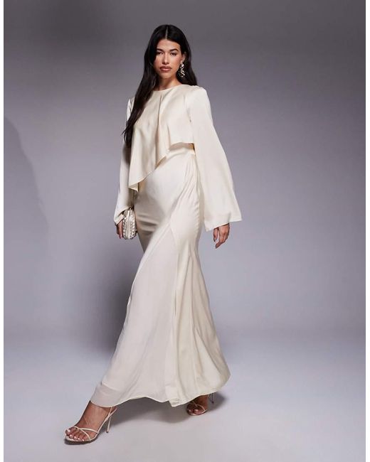 ASOS Satijnen Maxi-Jurk Met Lange Mouwen En Cape-Detail in het Gray