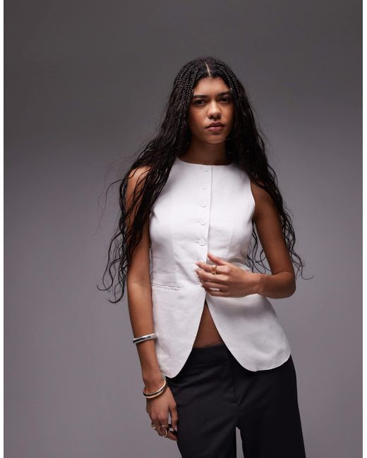 TOPSHOP Gray Linen Mix Longline Fitted Vest With Pockets