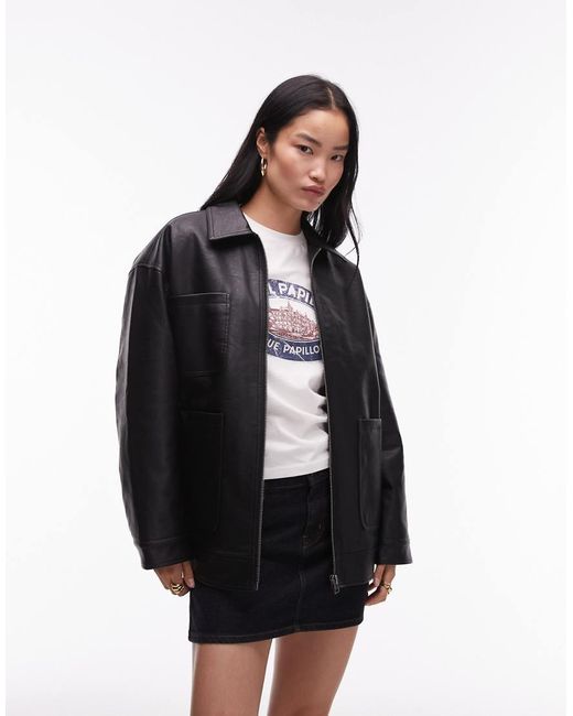 TOPSHOP Black Faux Leather Zip Through 80s Jacket With Patch Pockets