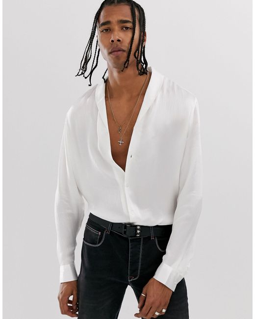 ASOS White Regular Fit Shawl Neck Satin Shirt for men