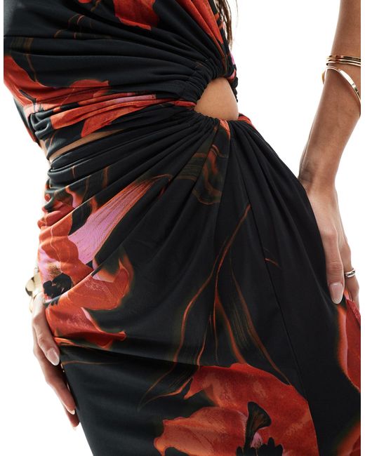 Vestido largo negro y rojo con , aberturas, diseño fruncido y hombros descubiertos ASOS de color Multicolor
