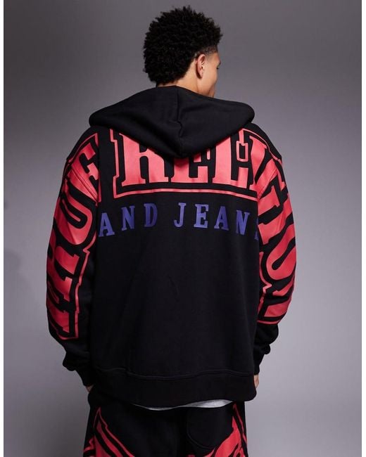 True Religion Blue Overarch Zip Through Logo Co-Ord Hoodie With Back Print for men