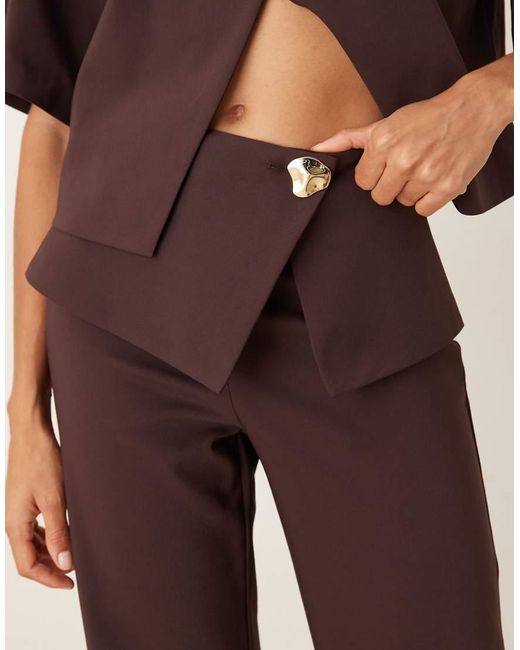 ASOS Natural Tailored Fold Over Gold Button Straight Leg Pants