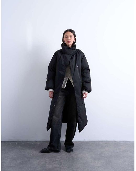 TOPSHOP Black Funnel Neck Longline Belted Puffer Jacket