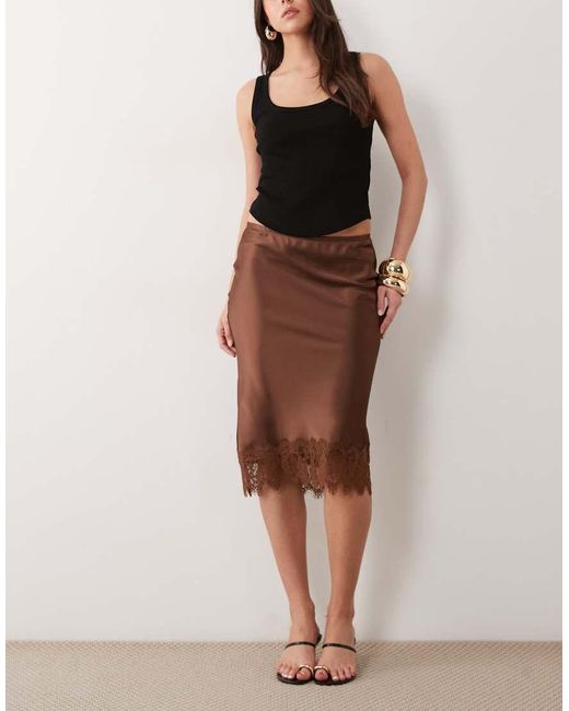 New Look Brown Awkward Length Lace Trim Satin Skirt