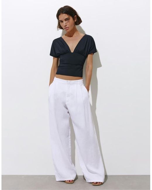 Pull&Bear Blue Gathered V-Neck Top