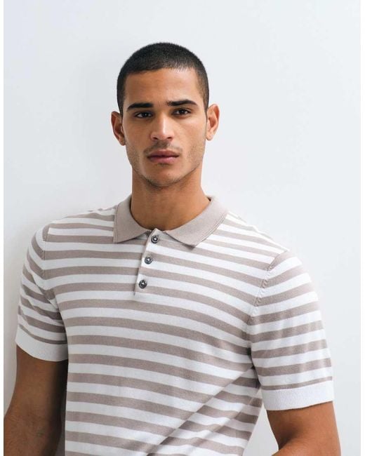 River Island Gray Short Sleeve Stripe Knitted Polo for men