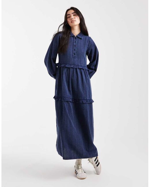 Native Youth Blue Textured Stripe Washed Ruffle Midaxi Dress