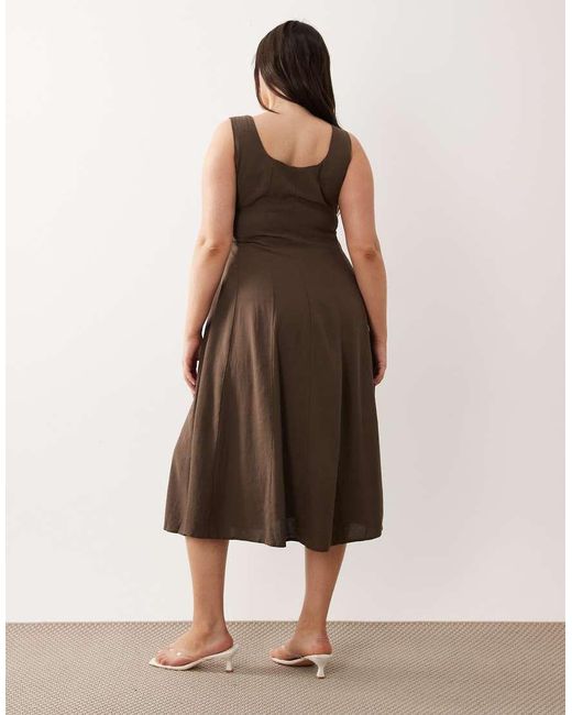 Vila Curve Brown Square Neck Linen-touch Midi Dress
