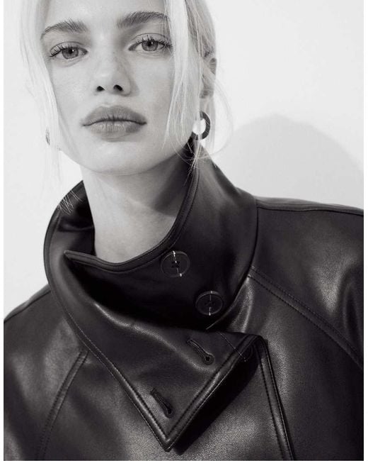 Stradivarius Black High Neck Leather Effect Trench Coat