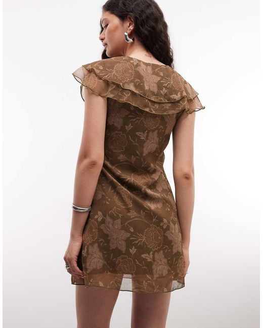 Reclaimed Vintage Brown Chiffon Mini Tea Dress With Flutter Sleeve