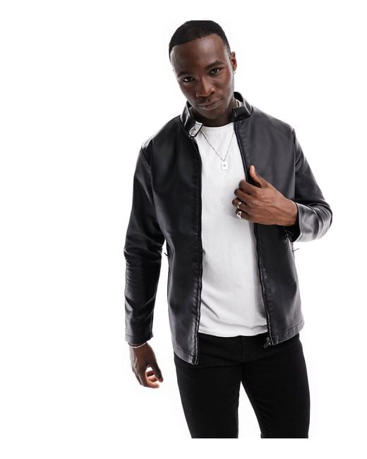 French Connection Black Tall Faux Leather Racer Jacket for men