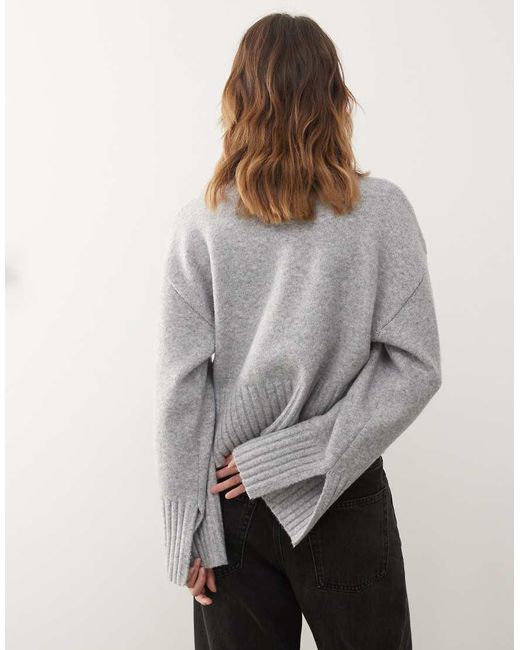 Monki Gray Crew Neck Knit Sweater With Ribbed Cuffs And Hem