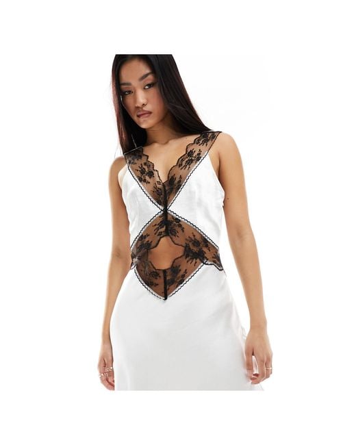 4th & Reckless White Cut Out Contrast Lace Trim Satin Maxi Dress