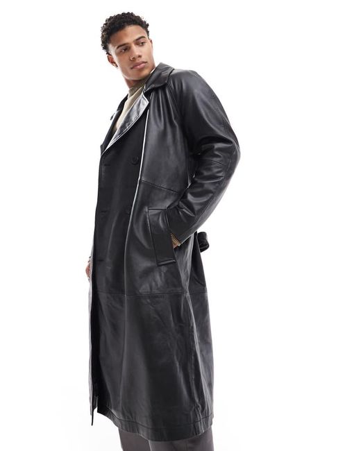 ASOS Black Premium Real Leather Trench Coat for men