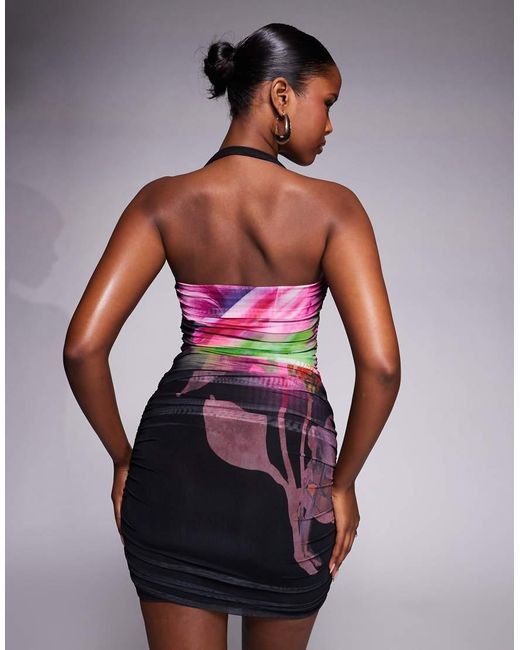 AFRM Bonnie Mesh Halter Neck Ruched Blurred Floral Print Mini Dress