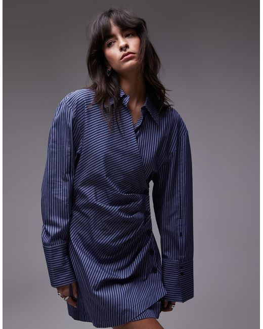 Vestito Camicia Corto A Righe Con Parte Anteriore A Portafoglio Arricciata di & Other Stories in Blue