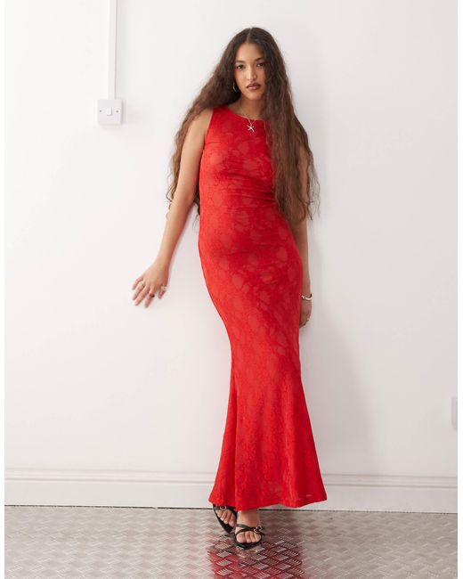 Amy Lynn Red Sheer Lace Slip Maxi Dress