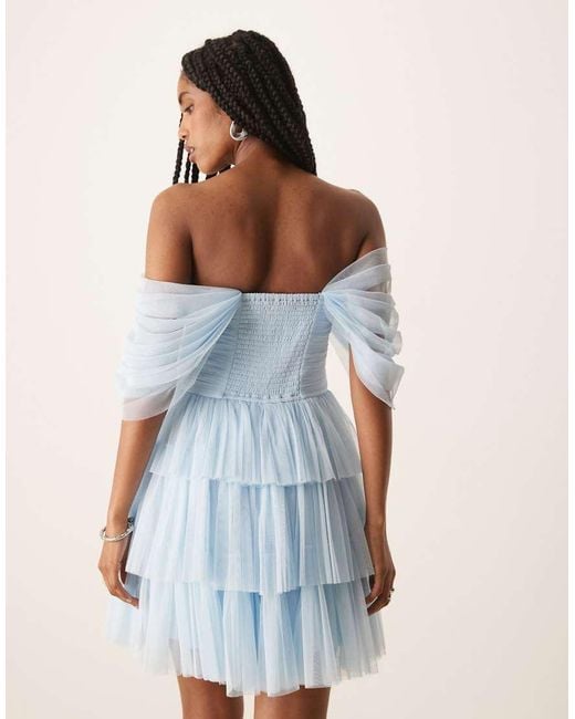 LACE & BEADS Blue Off Shoulder Corset Tulle Mini Dress