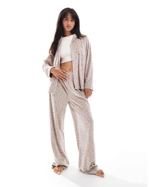 Loungeable White Leopard Velour Long Sleeve Buttoned Pyjamas Trouser Set