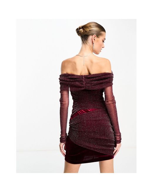 Naanaa Red Bardot Velvet Mini Dress With Shimmer
