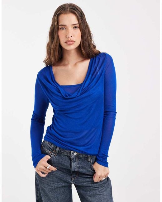 ASOS Blue Fine Knit Cowl Neck Drape Top