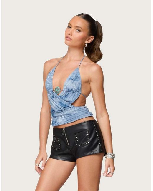 Edikted Blue Crossover Backless Printed Mesh Top