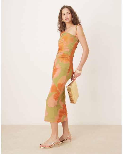 ASOS Midi-Jurk Met Gestrikte Schouderbandjes En Perzikkleurige Print in het Multicolor