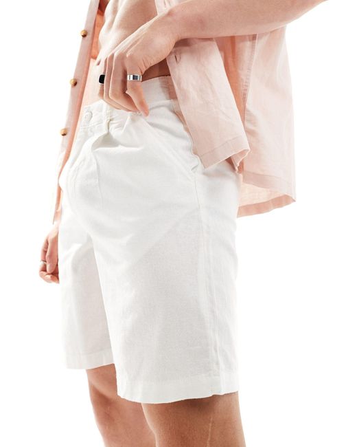 ASOS White Pleated Regular Length Linen Shorts With Fixed Waist for men